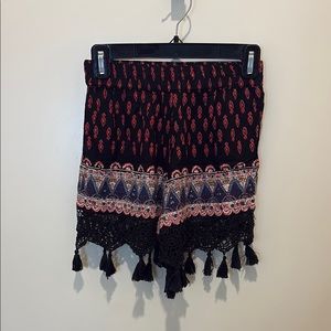 Boho Black and Red Tassel Shorts